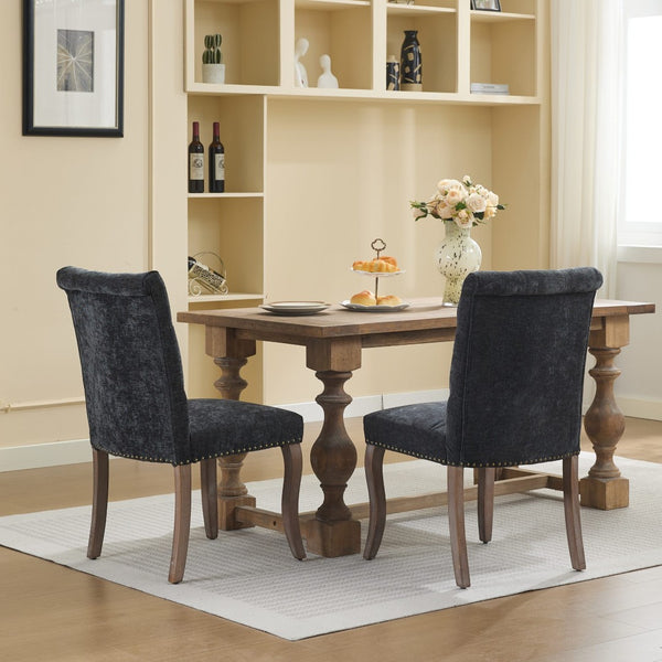 English Elm Upholstered Chenille Tufted Dining Chairs Set of 2 with Curved Wood Legs Club Style Black W1143P457781