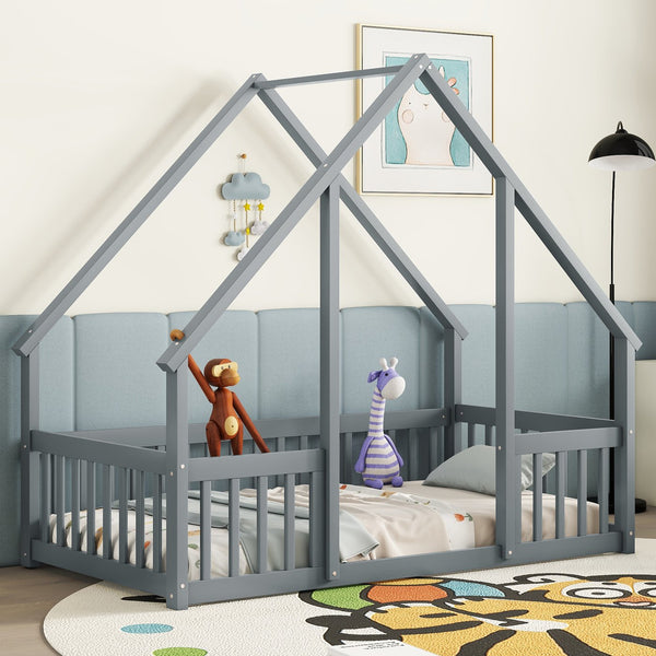 English Elm Twin Wood House-Shaped Floor Bed with Fence and Guardrails – Playful Pine Frame for Imaginative Kids Retreat Grey W504P143289