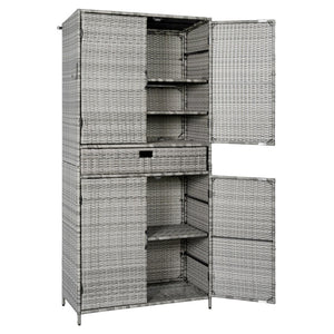English Elm K&k Tall Arched Pe Rattan Outdoor Storage Cabinet with Adjustable Shelves and Steel Frame Grey N707P420102G