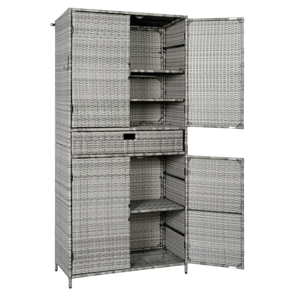English Elm K&k Tall Arched Pe Rattan Outdoor Storage Cabinet with Adjustable Shelves and Steel Frame Grey N707P420102G