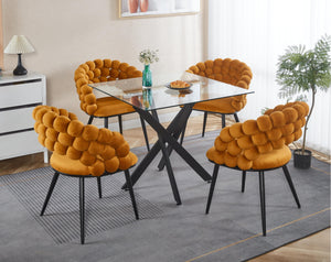 English Elm Dining Table Black Tempered Glass Top with Cross Metal Legs – Compact Modern 90x90x75cm Square, Easy Clean W234P278089