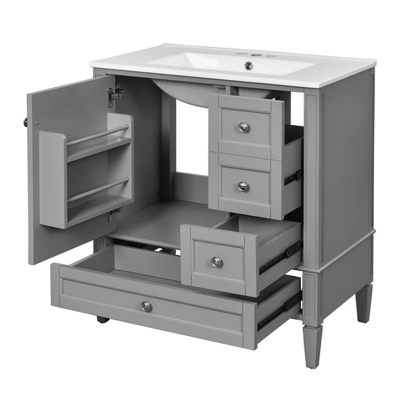 English Elm 30 30 Inch Bathroom Vanity with Ceramic Sink, Modern Compact 3-Drawer Storage Cabinet for Small Baths Grey N710P247499E
