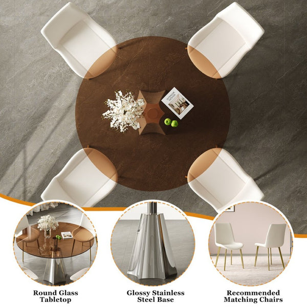 English Elm 35 Inch Round Glass Dining Set Mid Century 5 Piece with Flared Base Pu Chairs W2700S00081