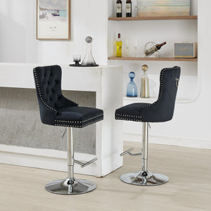 English Elm Thick Velvet Swivel Barstools with 17.7" Chrome Base, Tufted Diamond Pleating, Comfort Foam Seats Black W1143P335042