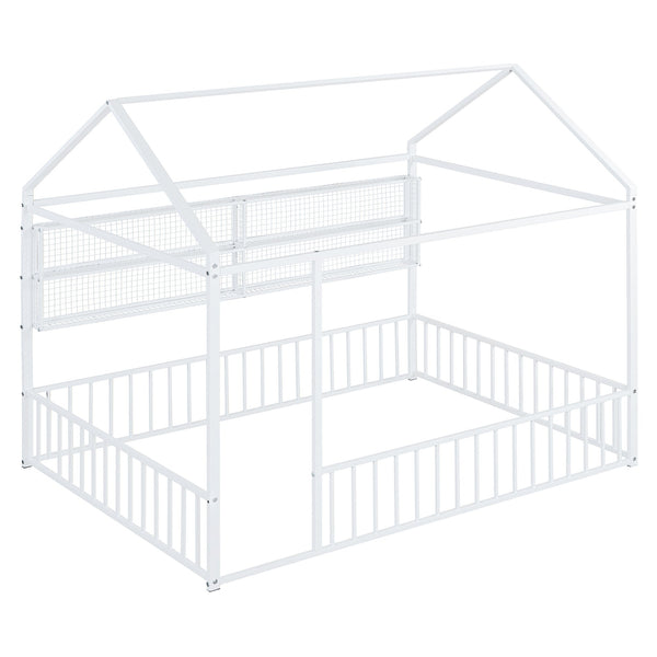 English Elm Full Metal House Bed Frame Full Size with Built-In Fence and 4 Grid Shelves for Durable Storage and Style White N737P175361K