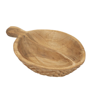 English Elm 9.1x5.9x2.8" Teak Wood Decorative Bowl with Handle — Handcrafted Natural Brown, Carved Underside Accent, Versatile Home Decor W2078P391136