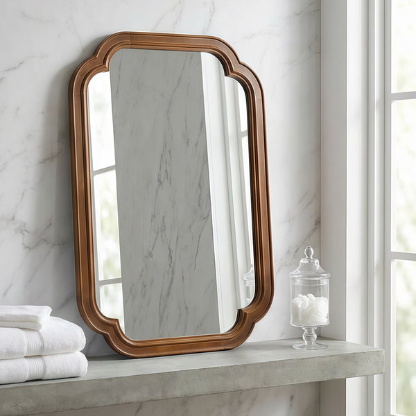 English Elm Black Walnut Solid Wood Frame Mirror with Rounded Corners for Bedroom or Entryway W2203P455260