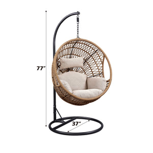 English Elm Vasant Beige Hanging Chair with Stand, Polyester Rope & Metal Frame, Removable Cushions, 26" Seat Depth B2726S00503