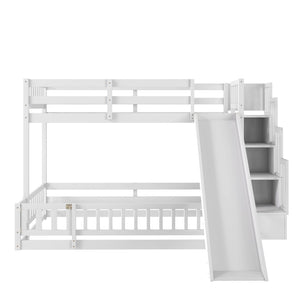 English Elm Twin Over Full Bunk Bed Solid Pine Frame with Built-in Slide and Storage Staircase White W504S00290