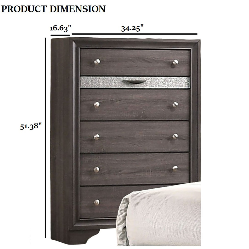English Elm Gray Finish Contemporary Chest with Hidden Jewelry Drawer, Silver Knobs, Gleaming Bedroom Accent B2741P375930