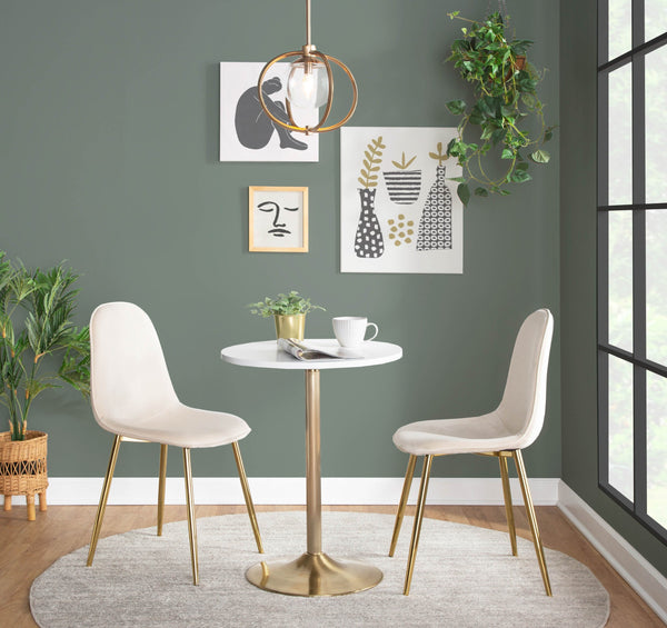 English Elm Pebble Adjustable Dining or Bar Table – Gold Metal Base, White Wood Top, Seats Two, Contemporary Glam B202P223363