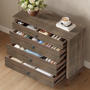 English Elm Large Antique Style 4-drawer Chest with Crown Molding Roman Legs Bedroom Storage Deep Rustic Brown W1445P422422
