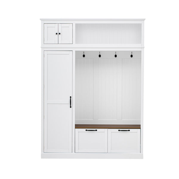 English Elm 3-in-1 Entryway Hall Tree with Cabinet Hooks Bench Drawers and Adjustable Shelving White SJ000160AAK