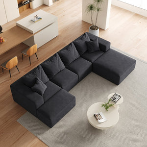 English Elm Modern Upholstered Sectional Sofa Set Modular 132" L-Shape Chenille Couch with 6 Pillows, No-Assembly Comfort and FlexibilityReadable? Black W834S00500