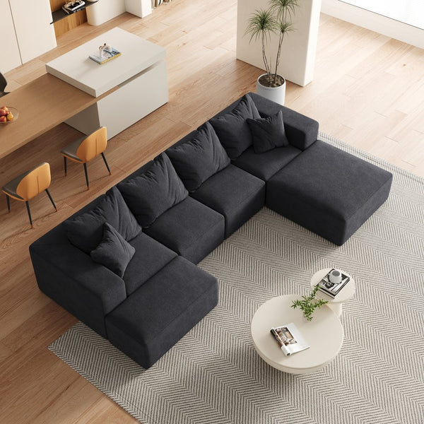 English Elm Modern Upholstered Sectional Sofa Set Modular 132" L-Shape Chenille Couch with 6 Pillows, No-Assembly Comfort and FlexibilityReadable? Black W834S00500