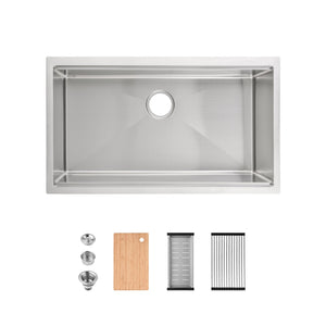 English Elm Stainless Steel Undermount Kitchen Sink Handmade Single Bowl with Colander Board T3177P296192