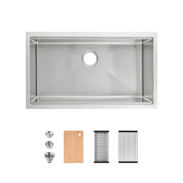 English Elm Stainless Steel Undermount Kitchen Sink Handmade Single Bowl with Colander Board T3177P296192