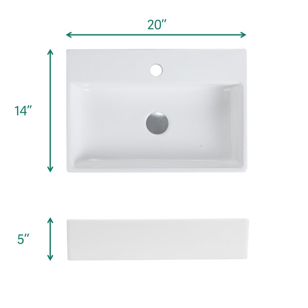 English Elm BB15-20Y-301 Glossy White 20"x14" Integrated Ceramic Sink with Overflow, Easy-Clean Rounded Edges W1865P279844