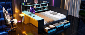 English Elm Queen Gaming Bed Frame with Desk Led Lighting Storage Drawers and Bookcase Headboard Black+Blue LP000290AAC