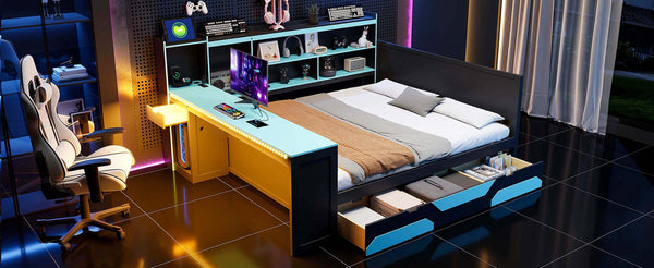 English Elm Queen Gaming Bed Frame with Desk Led Lighting Storage Drawers and Bookcase Headboard Black+Blue LP000290AAC