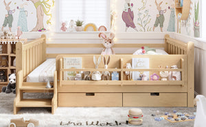 English Elm Queen Bunk Bed with Trundle Solid Pine Kids Car Themed Frame Built-in Bookshelf Light Natural W1580S00544
