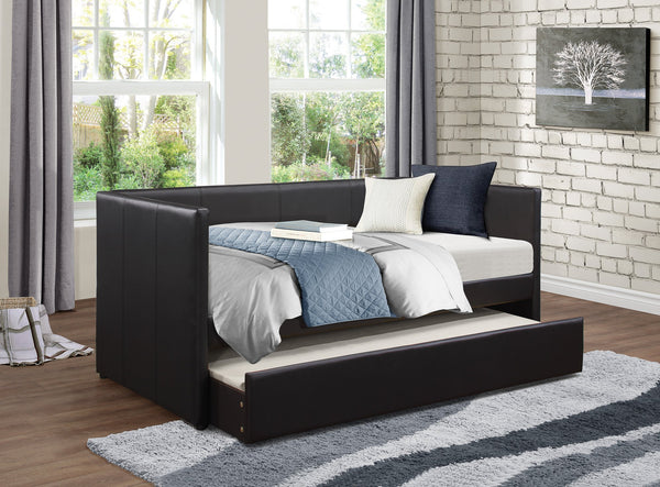 English Elm Black Faux Leather Daybed with Under-Trundle — Contemporary Adra Design, Solid Wood Frame, Space-Saving Lounge/Guest Bed B011S01504