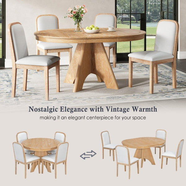 English Elm Trexm Rustic Farmhouse Extendable Dining Set Seats Six with Upholstered Rubberwood Chairs Natural Wood Wash ST000152AAD