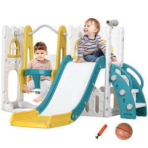 English Elm Qaba 6 in 1 Toddler Playset with Slide Swing Climber Basketball Hoop Telescope W2225P217349