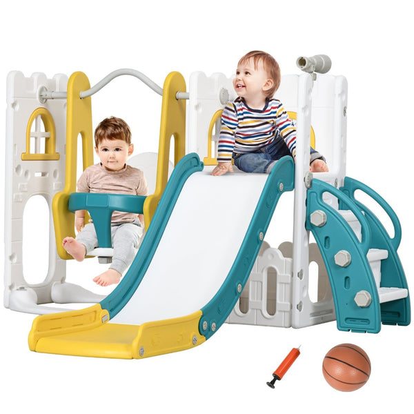 English Elm Qaba 6 in 1 Toddler Playset with Slide Swing Climber Basketball Hoop Telescope W2225P217349