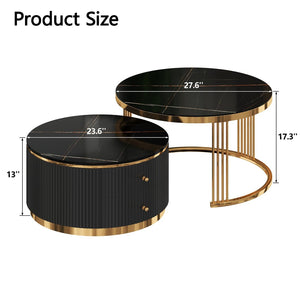English Elm Modern Round Nesting Coffee Table Set with Gold Pedestal Legs and Storage Drawers Black N735P349323B
