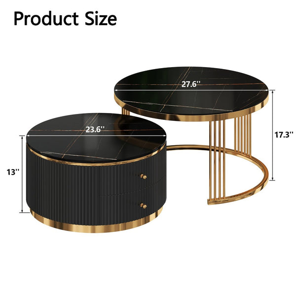 English Elm Modern Round Nesting Coffee Table Set with Gold Pedestal Legs and Storage Drawers Black N735P349323B
