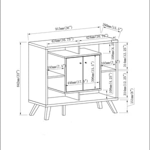 English Elm Compact mid-century display storage sideboard bookcase cabinet with two doors, four cubbies, raised wooden legs and metal knobs — versatile entryway organizer B107P320791