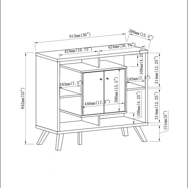 English Elm Compact mid-century display storage sideboard bookcase cabinet with two doors, four cubbies, raised wooden legs and metal knobs — versatile entryway organizer B107P320791