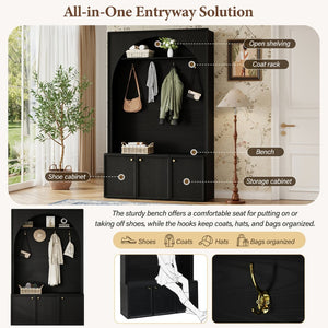 English Elm On-trend Farmhouse Hall Tree Arched Cabinet Storage Bench with Golden Hooks Mudroom Black N721S000080B