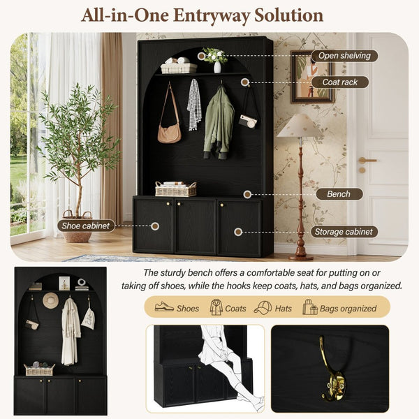 English Elm On-trend Farmhouse Hall Tree Arched Cabinet Storage Bench with Golden Hooks Mudroom Black N721S000080B