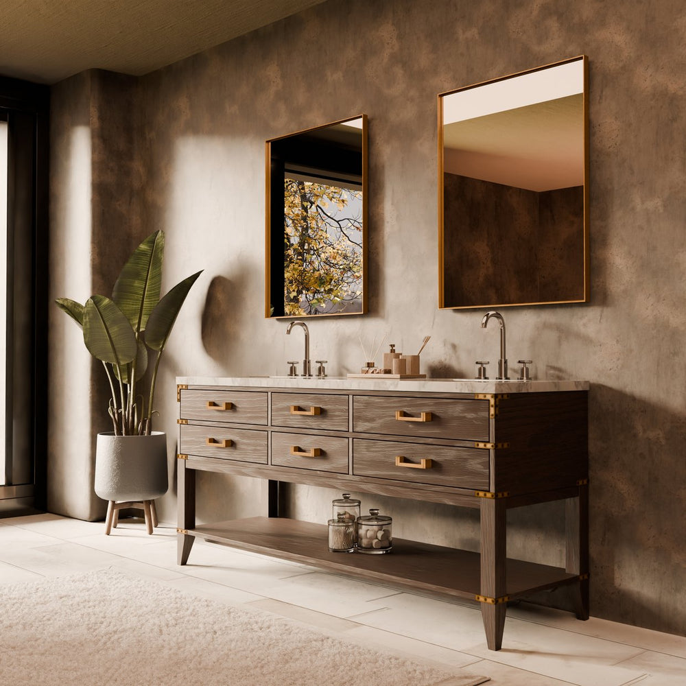 English Elm Brown Oak Double Bath Vanity With Carrara Marble Top, Chrome Faucets & 34" Mirrors - Luxurious Design B2731S01896