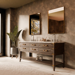 English Elm Brown Oak Double Bath Vanity With Carrara Marble Top, Chrome Faucets & 34" Mirrors - Luxurious Design B2731S01896