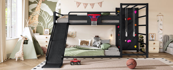 English Elm Twin Metal Loft Bed with Slide Basketball Hoop Climbing Wall and Built-in Shelves W1580S00343