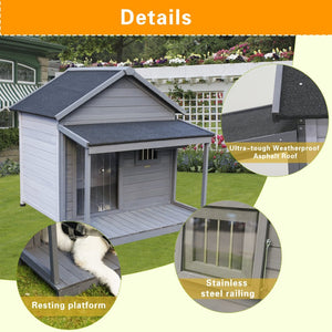 English Elm Large Breed Outdoor Doghouse Solid Fir Wood Covered Porch Weatherproof Asphalt Roof W1431S00011