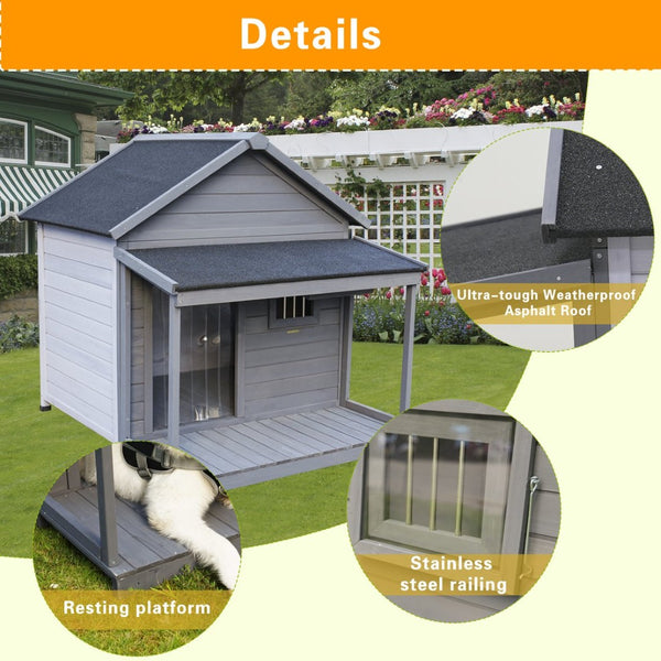 English Elm Large Breed Outdoor Doghouse Solid Fir Wood Covered Porch Weatherproof Asphalt Roof W1431S00011