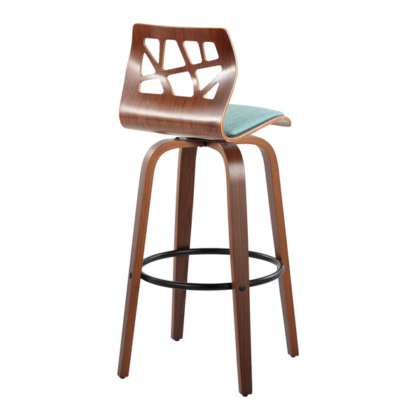 English Elm Folia Mid-Century 30" Barstool Set of 2 — Walnut Curved Frame, Teal Upholstery, 360° Swivel Comfort B202S00568