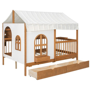 English Elm Full Size Kids House Bed with Led Bookshelf Storage Drawers and Charging Station Walnut LP000378AAL