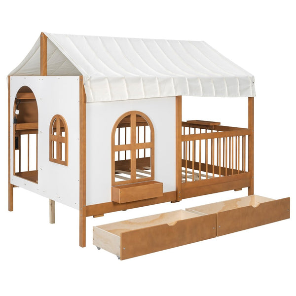 English Elm Full Size Kids House Bed with Led Bookshelf Storage Drawers and Charging Station Walnut LP000378AAL
