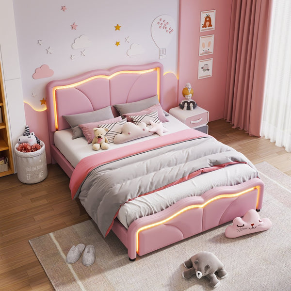 English Elm Full Full Size Upholstered Platform Bed in Pink with Curved Headboard, 3-Height Adjust, LED Strips, Sturdy Frame WF323749AAH
