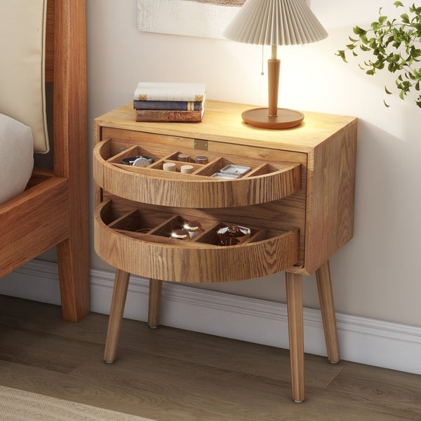 English Elm Rotating Rattan Nightstand Push Open Hidden Storage Mid Century Wood Leg Bedside Natural N761P288451M