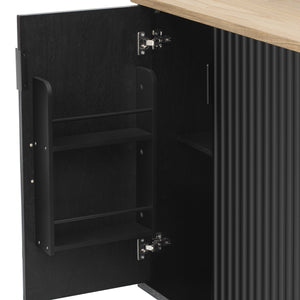 English Elm K&K 51" Fluted Kitchen Island with Waveform Panels, Drop Leaf, Rolling Cart with Towel Rack and Storage Black N707P221446B