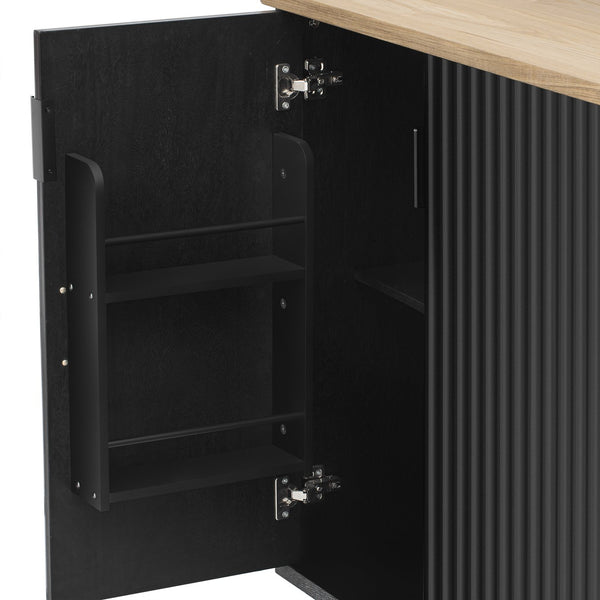 English Elm K&K 51" Fluted Kitchen Island with Waveform Panels, Drop Leaf, Rolling Cart with Towel Rack and Storage Black N707P221446B