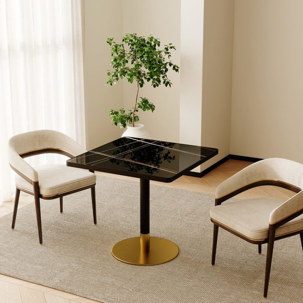English Elm Square Bistro Pedestal Dining Table Faux Marble Top Tulip Base for Small Spaces Black+Gold W3316P457301