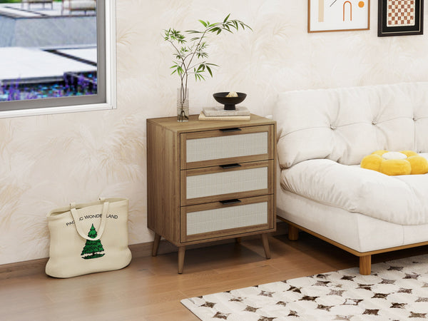 English Elm 3 Drawer Cabinet with Rattan Fronts, Anti-Tip Safety, Tapered Solid Wood Legs, Breathable Back Panel W688121311