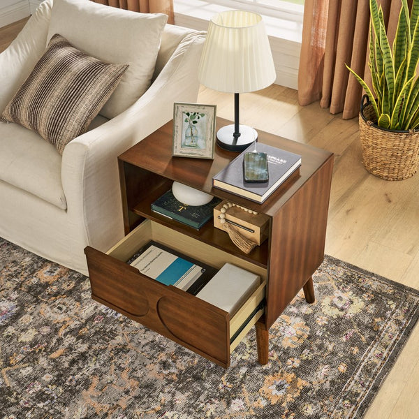 English Elm Mid Century Modern fluted nightstand with USB ports, dual outlets, drawer & open shelf, walnut finish W1801P288512